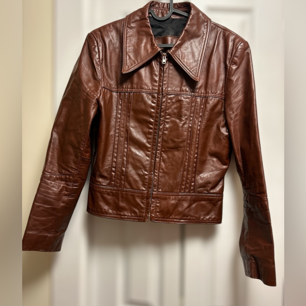 Vintage Chocolate Brown Leather Jacket with Dagger Collar
